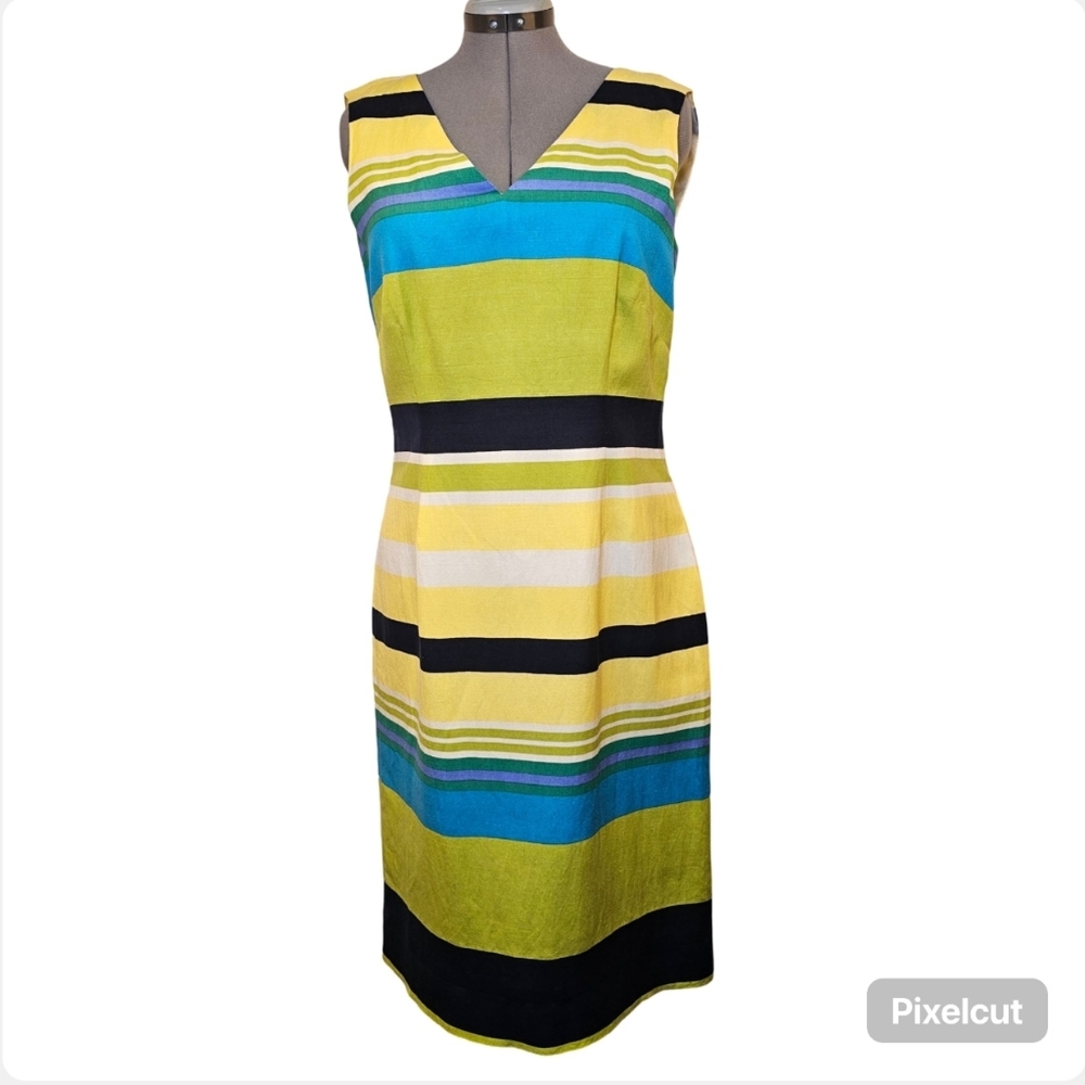 Custom handmade yellow green navy stripes linen sleeveless midi dress size 12 US